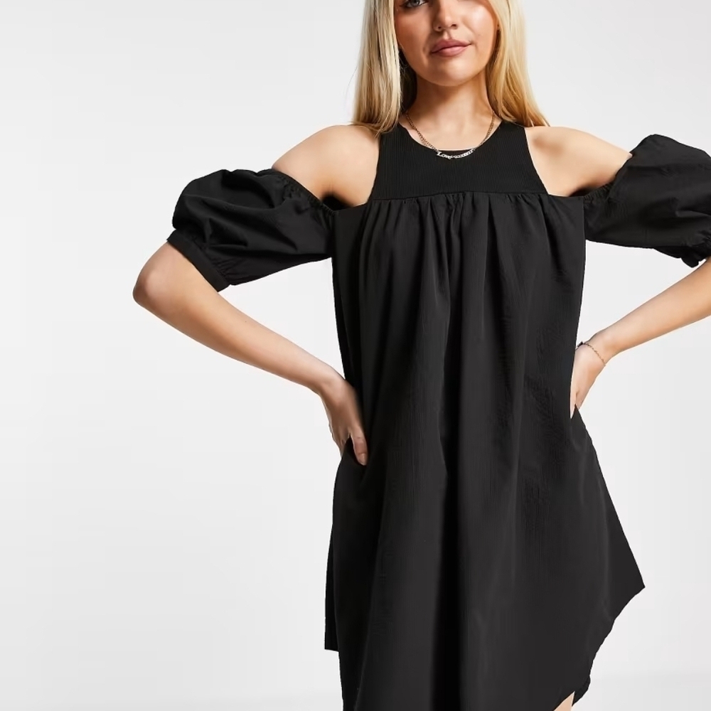 Black Mini Dress with Cold Shoulder Ruffled Puff Sleeves